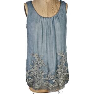 Soft Surroundings Bridgerton blue top fairy gauze boho metallic lace S